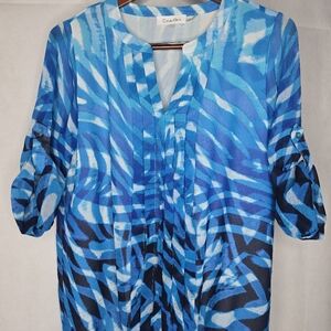 Calvin Klein Blue Abstract Print Blouse Pleated Front Sheer Roll Tab Sleeve S